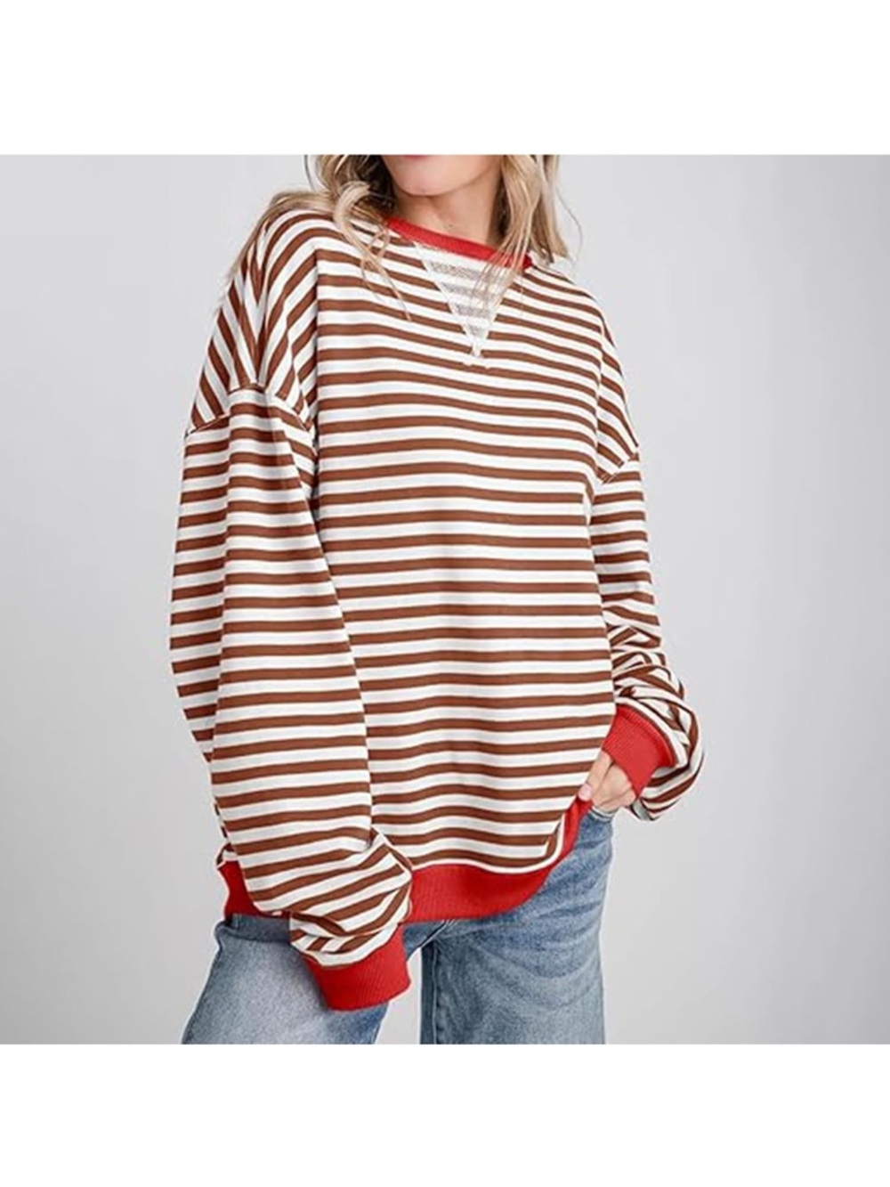 Striped Brown & White Oversized Sweatshirt with Red Trim